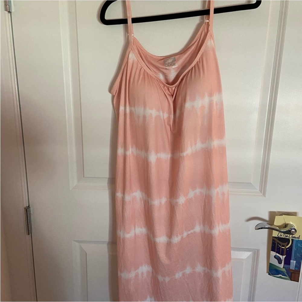 Lot of two summer dresses - shades of coral, white, and blue and pink.